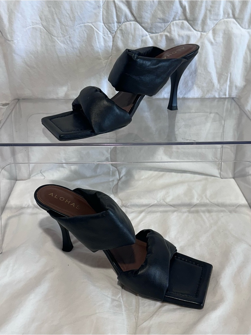 ALOHAS Black Twisted Strap Square-Toe Heeled Mules